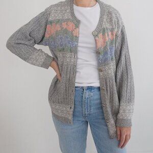 Vintage Northern Reflections Grey Pink Floral Fine Cable Knit Cardigan Sweater M